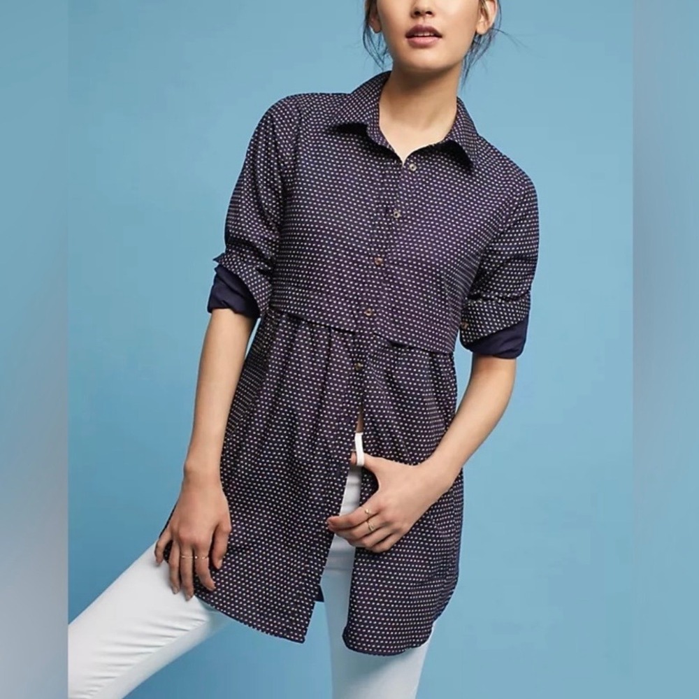 Maeve x Anthropologie Navy Blue Aled Polka Dot Tunic Top Size Small